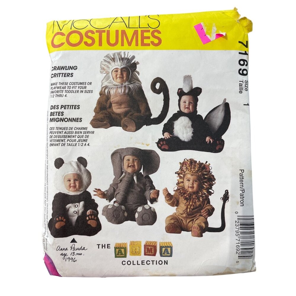 90s McCalls 7169 Costume Pattern Size 1 Skunk Lion Monkey Elephant Panda CUT